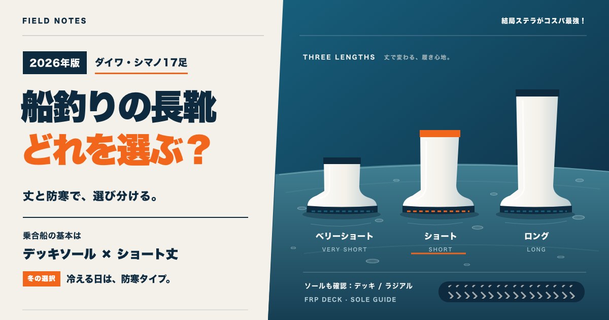 船釣りの長靴・デッキブーツ比較：ベリーショート・ショート・ロングの丈の違いと、乗合船はデッキソールのショート丈が基本という要点