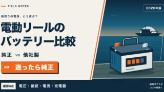 電動リール用バッテリー比較（純正と他社製）のアイキャッチ。迷ったら純正、確認4点は電圧・接続・電流・充電器