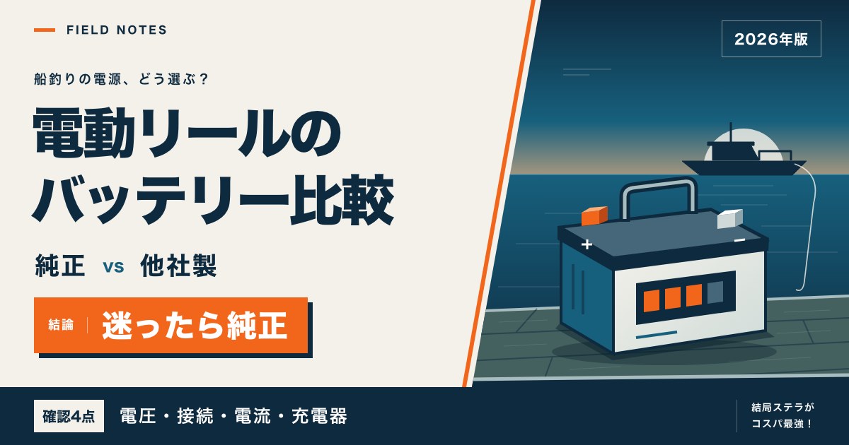電動リール用バッテリー比較（純正と他社製）のアイキャッチ。迷ったら純正、確認4点は電圧・接続・電流・充電器