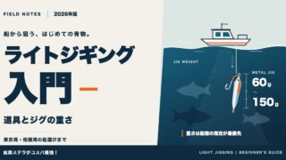ライトジギング入門のアイキャッチ。船の真下に沈む60〜150gのメタルジグと青物のシルエット