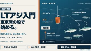 LTアジ（ライトアジ）入門：東京湾の船で、ビシと2本針の仕掛けでマアジを狙う。竿はレンタルOK、底から1m上げて指示棚で待つ