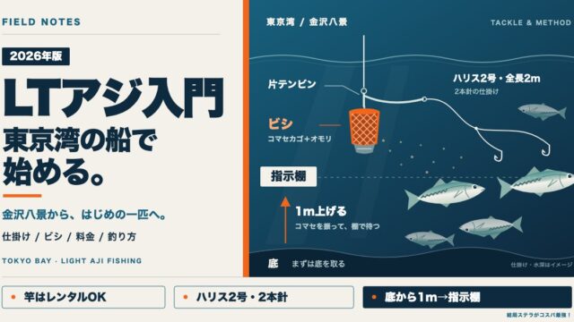 LTアジ（ライトアジ）入門：東京湾の船で、ビシと2本針の仕掛けでマアジを狙う。竿はレンタルOK、底から1m上げて指示棚で待つ