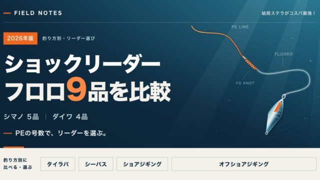 ショックリーダー比較：フロロ9品（シマノ5・ダイワ4）を釣り方別に。PEとフロロリーダーの結び目とメタルジグのイラスト
