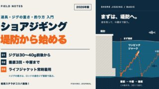 ショアジギング入門のアイキャッチ。堤防から始める、ジグは30〜40g前後から、着底3回・中層まで、ライフジャケット常時着用